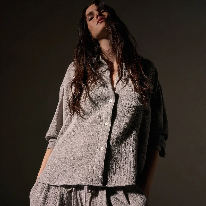 Relaxed Wool Blend Shirt - Silver Wheat Striped Floral Plaid