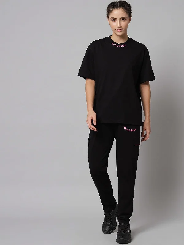 GRIFFEL Women Printed Black Oversized Loose fit T-shirt and Trackpant Set Spandex Blend Rayon Blend Denim Blend GRIFFEL Women Printed Black Oversized Loose fit T-shirt and Trackpant Set Spandex Blend Rayon Blend Denim Blend