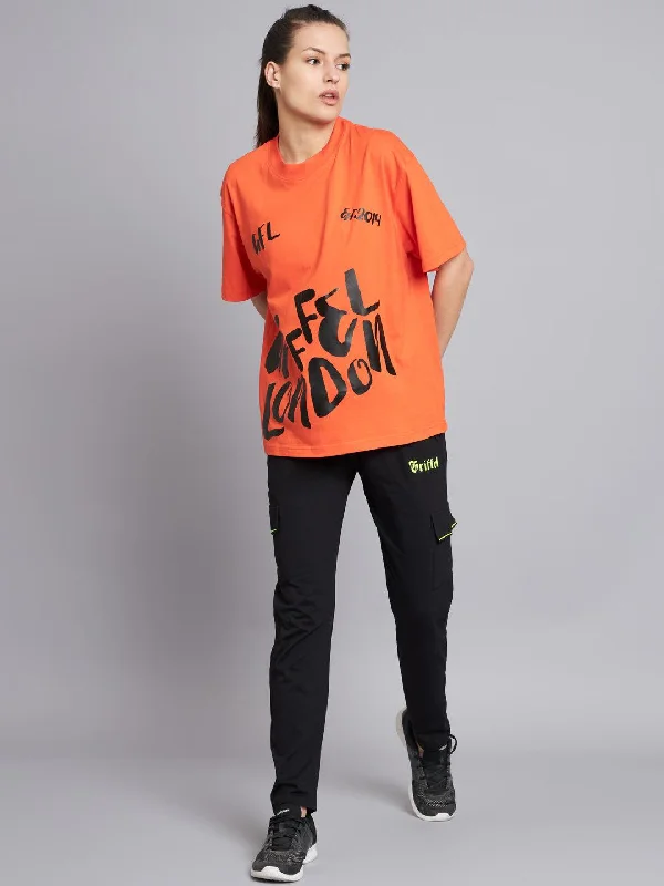 GRIFFEL Women Neon Orange Printed Oversized Loose fit T-shirt and Trackpant Set Iron Safe Non-Iron Wrinkle Free