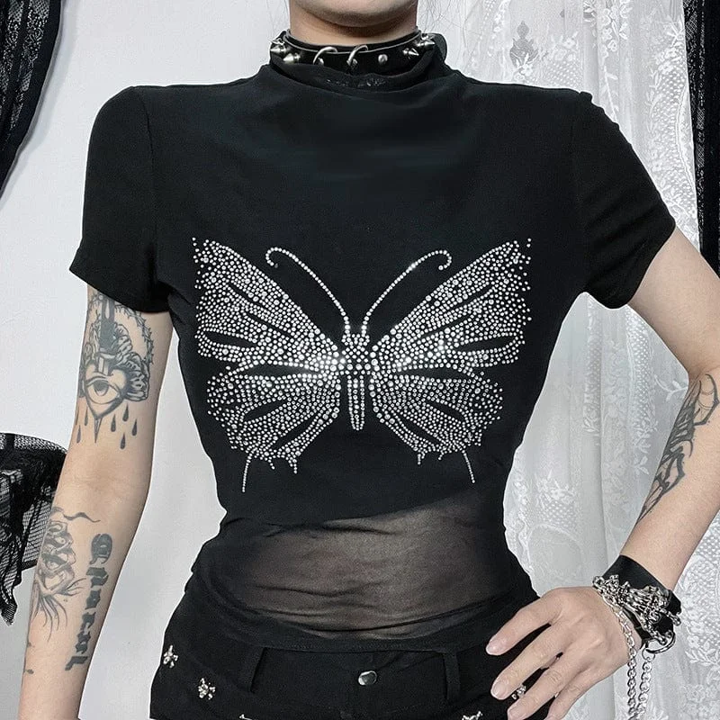 Women's Punk Butterfly Rhinestone Mesh Splice Shirt Rayon Velvet Corduroy