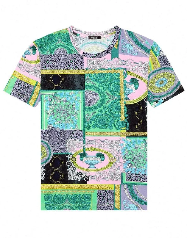 Barocco Patchwork Print Fitted T-Shirt Zippered Front Buttoned Front Snap Front