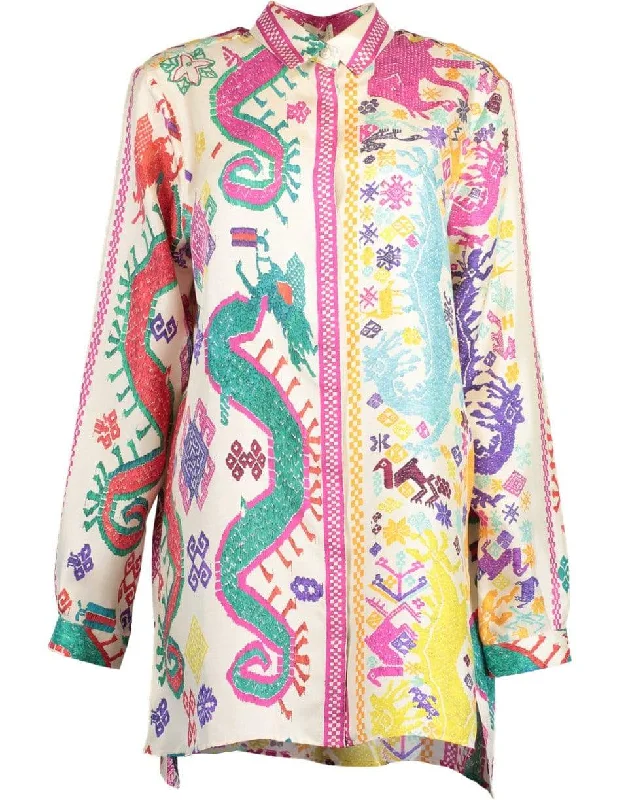 Oversized Tribal Print Silk Shirt Collared Crew Neck Turtle Neck