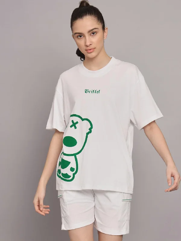 GRIFFEL Women Teddy Printed Loose fit White T-shirt and Short Set Zippered Front Buttoned Front Snap Front GRIFFEL Women Teddy Printed Loose fit White T-shirt and Short Set Zippered Front Buttoned Front Snap Front