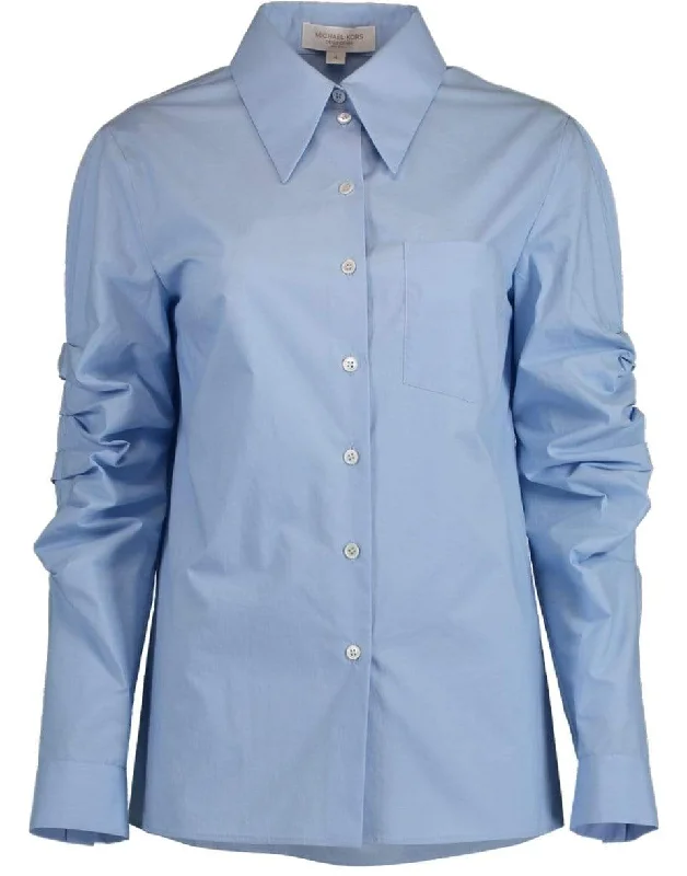 Ruched Sleeve Button Down Shirt Chenille Brocade Lace