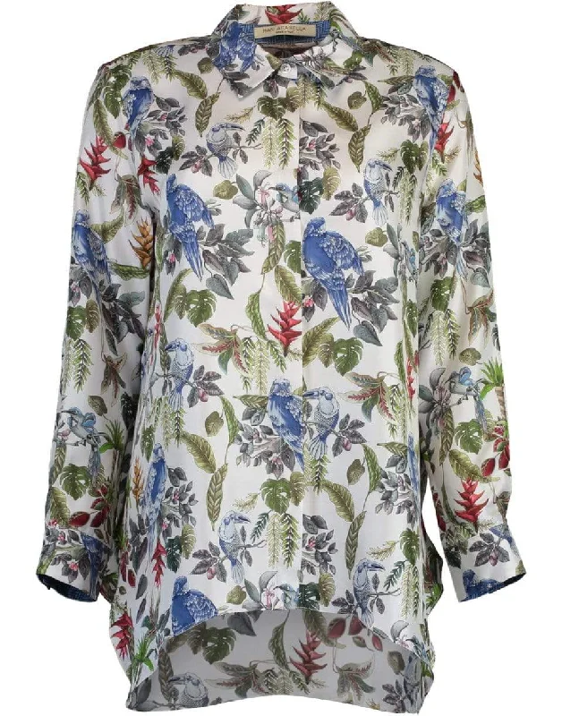 Tropical Bird Print Silk Button Up Shirt Sequined Glittery Shiny
