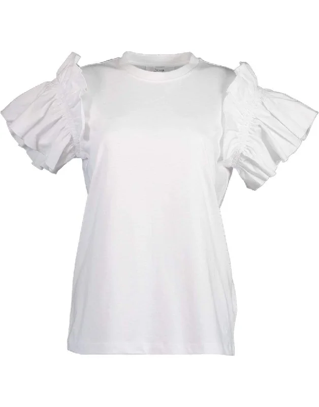 White Ruffle Sleeve T-Shirt Lace Blend Ribbed Blend Corduroy Blend