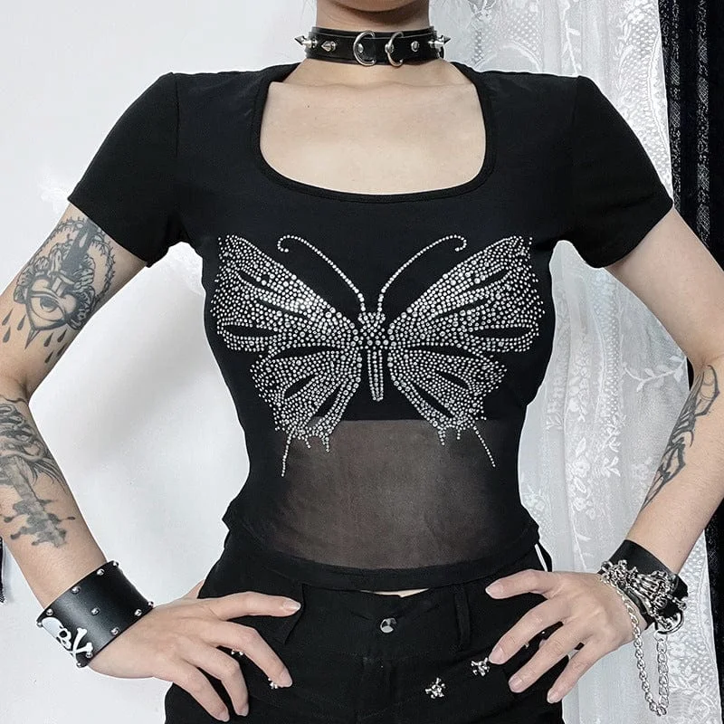Women's Punk Square-cut Collar Butterfly Rhinestone Shirt Hooded Caped Shawl Collar