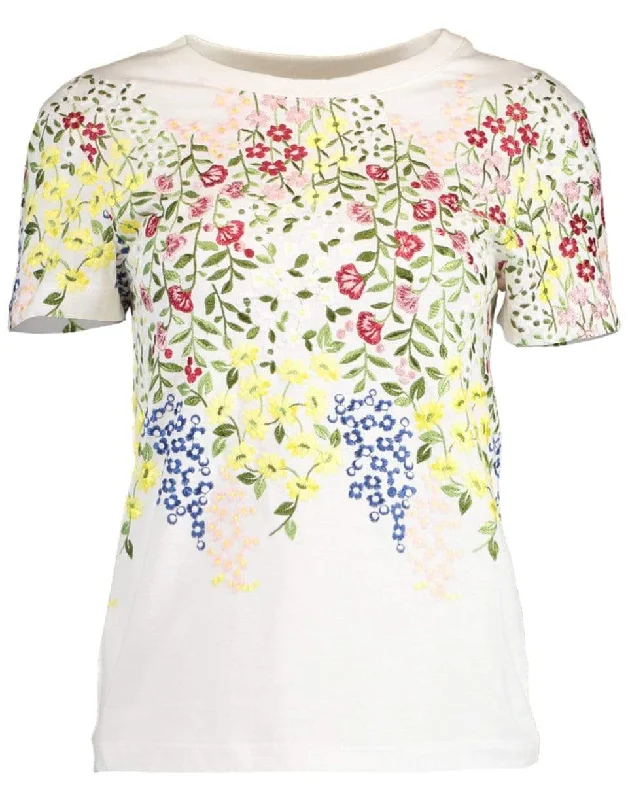 Ivory Floral Print T-Shirt Satin Blend Silk Blend Wool Blend