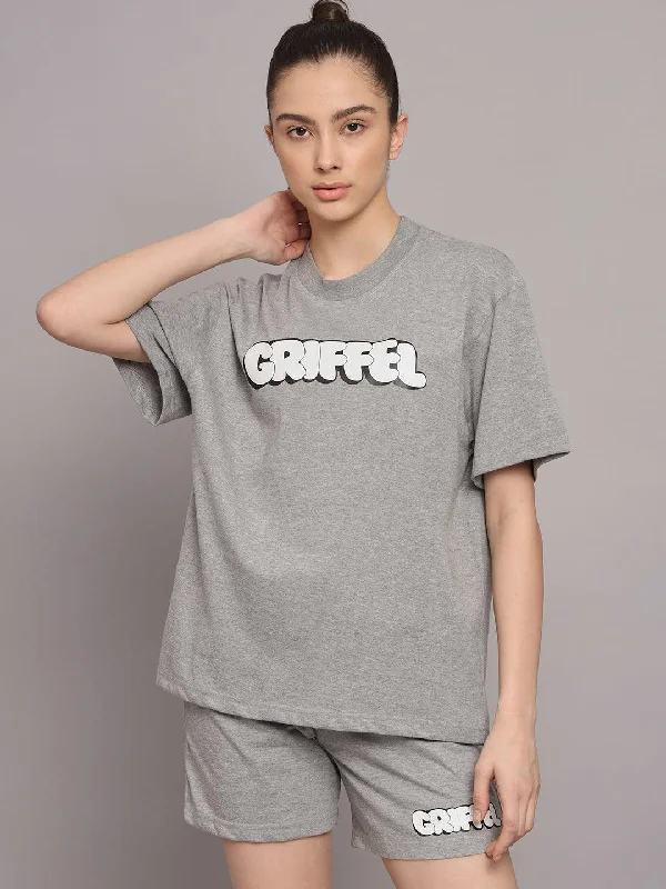 GRIFFEL Women Printed Oversized Loose fit Grey T-shirt and Short Set Solid Print Embellished GRIFFEL Women Printed Oversized Loose fit Grey T-shirt and Short Set Solid Print Embellished