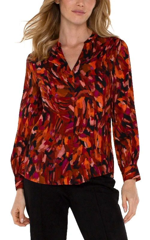 BUTTON FRONT SHIRT WITH BANDED COLLAR Collared Crew Neck Turtle Neck