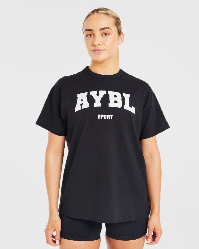 Classic Varsity Oversized T Shirt - Black Notch Collar Peter Pan Collar Cowl Neck