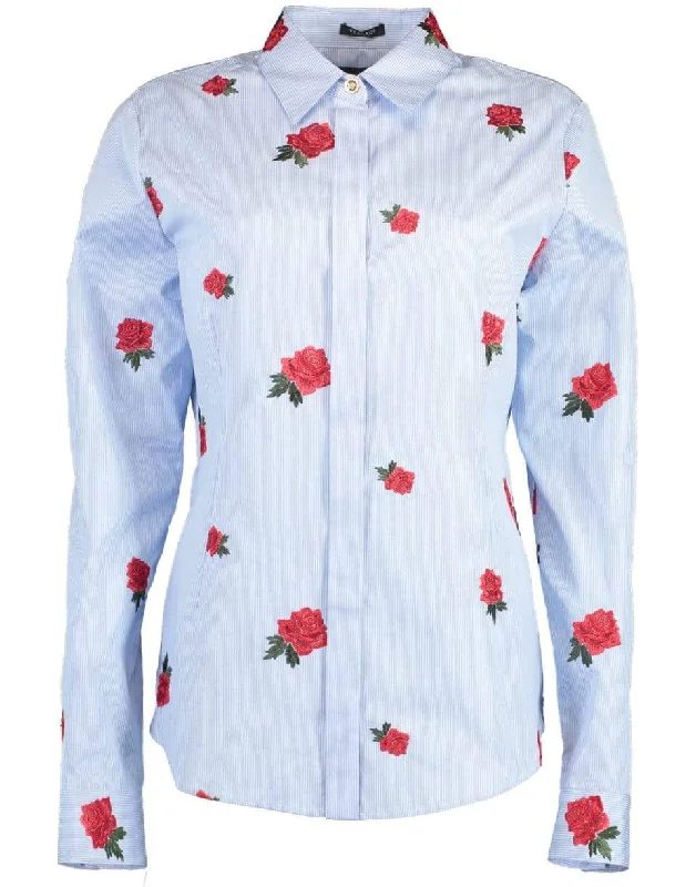 Rose Embroidered Striped Shirt Zippered Buttoned Snapped