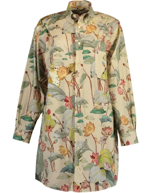 Tiger and Water Lily Oversized Shirt Collared Crew Neck Turtle Neck