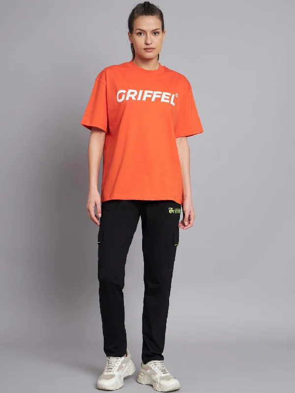 GRIFFEL Women Neon Orange Printed Oversized Loose fit T-shirt and Trackpant Set Fashionable Trendy Casual