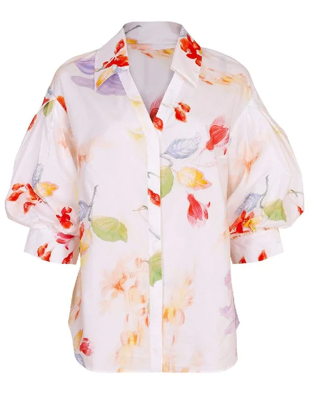 Oversized Collar Printed Shirt Silk Blend Satin Velvet