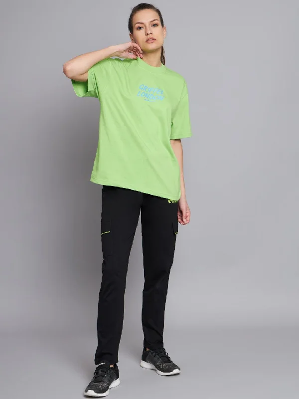 GRIFFEL Women Neon Parrot Printed Oversized Loose fit T-shirt and Trackpant Set Handmade Hand-knitted Hand-woven