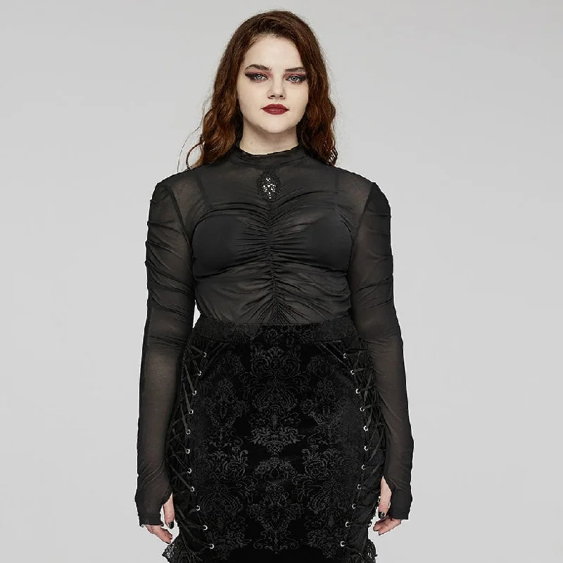 Women's Plus Size Gothic Floral Embroidered Pleated Mesh Shirt Chenille Blend Fleece Blend Nylon Blend