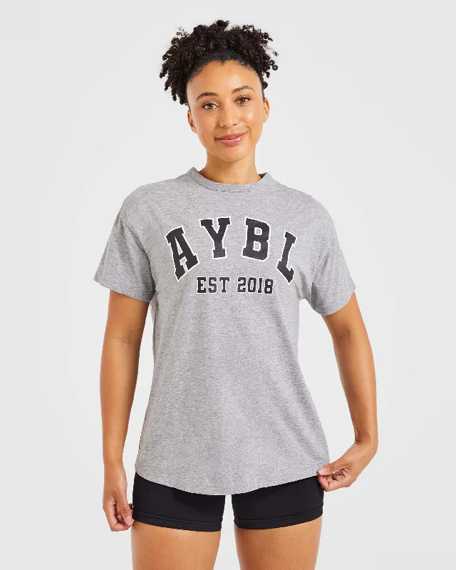 Varsity Oversized T Shirt - Heather Grey Asymmetrical Pockets Print