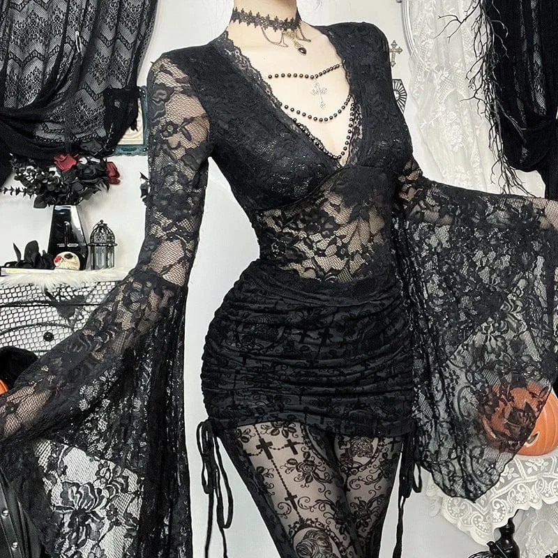 Women's Gothic Plunging Flared Sleeved Lace Shirt Cashmere Blend Cotton Blend Poly Blend
