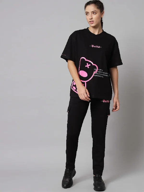 GRIFFEL Women Black Printed Oversized Loose fit T-shirt and Trackpant Set Terry Blend Velvet Blend Canvas Blend GRIFFEL Women Black Printed Oversized Loose fit T-shirt and Trackpant Set Terry Blend Velvet Blend Canvas Blend
