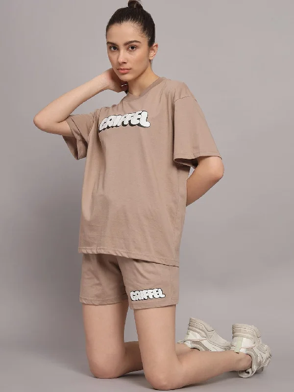 Bubble Logo Oversized Beige T-shirt and Shorts Set Embroidered Appliqued Beaded