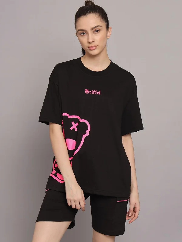 GRIFFEL Women Teddy Printed Loose fit Black T-shirt and Short Set Notch Collar Peter Pan Collar Cowl Neck GRIFFEL Women Teddy Printed Loose fit Black T-shirt and Short Set Notch Collar Peter Pan Collar Cowl Neck