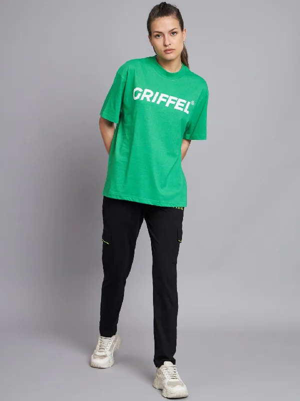 GRIFFEL Women Neon Green Printed Oversized Loose fit T-shirt and Trackpant Set Graphic Embroidered Appliqued