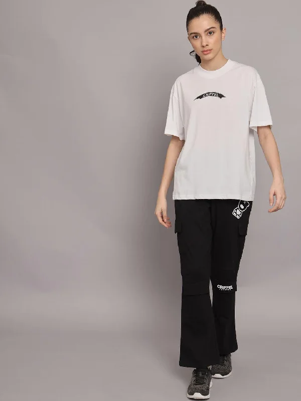 GRIFFEL Women Printed Loose fit White Black T-shirt and Bell Bottom Trackpant Set Front Pockets Side Pockets Patch Pockets GRIFFEL Women Printed Loose fit White Black T-shirt and Bell Bottom Trackpant Set Front Pockets Side Pockets Patch Pockets