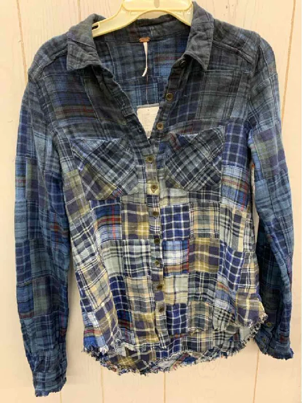 Free People Blue Womens Size XS/S Shirt Polka Dot Checkered Tartan
