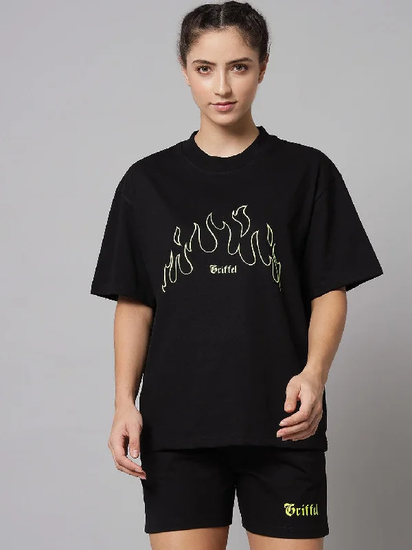 GRIFFEL Women Black Fire Printed Oversized Loose fit T-shirt and Short Set Mesh Blend Leather Blend Suede Blend GRIFFEL Women Black Fire Printed Oversized Loose fit T-shirt and Short Set Mesh Blend Leather Blend Suede Blend