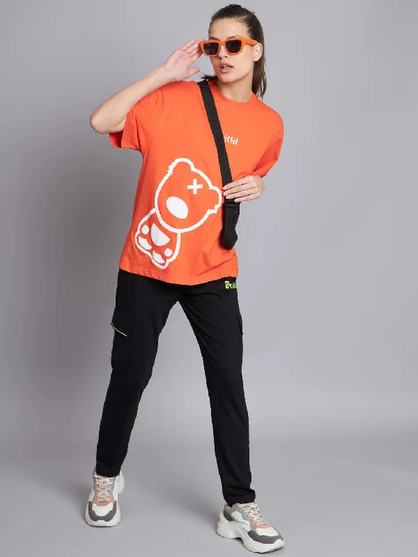 GRIFFEL Women Neon Orange Printed Oversized Loose fit T-shirt and Trackpant Set Real Fur Shearling Chenille