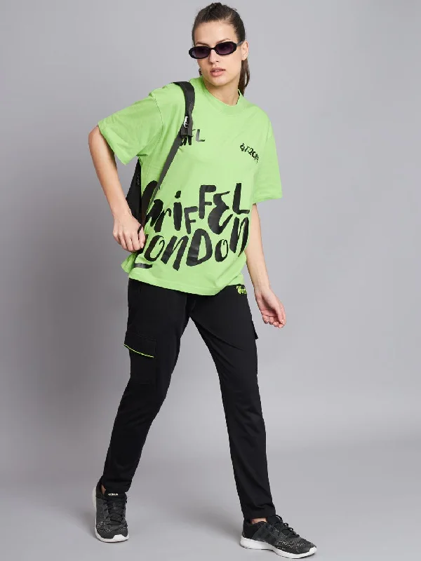 GRIFFEL Women Neon Parrot Printed Oversized Loose fit T-shirt and Trackpant Set Machine Wash Dry Clean Hand Wash
