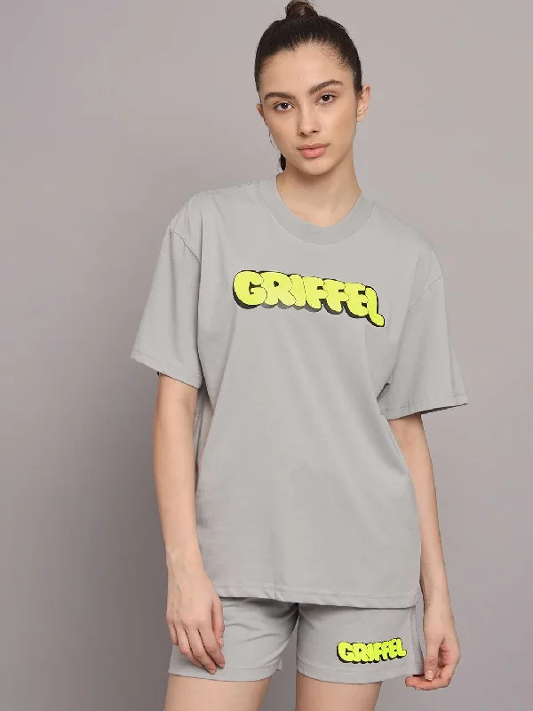 GRIFFEL Women Printed Oversized Loose fit Steel Grey T-shirt and Short Set Chenille Fabric Brocade Fabric Lace Fabric GRIFFEL Women Printed Oversized Loose fit Steel Grey T-shirt and Short Set Chenille Fabric Brocade Fabric Lace Fabric