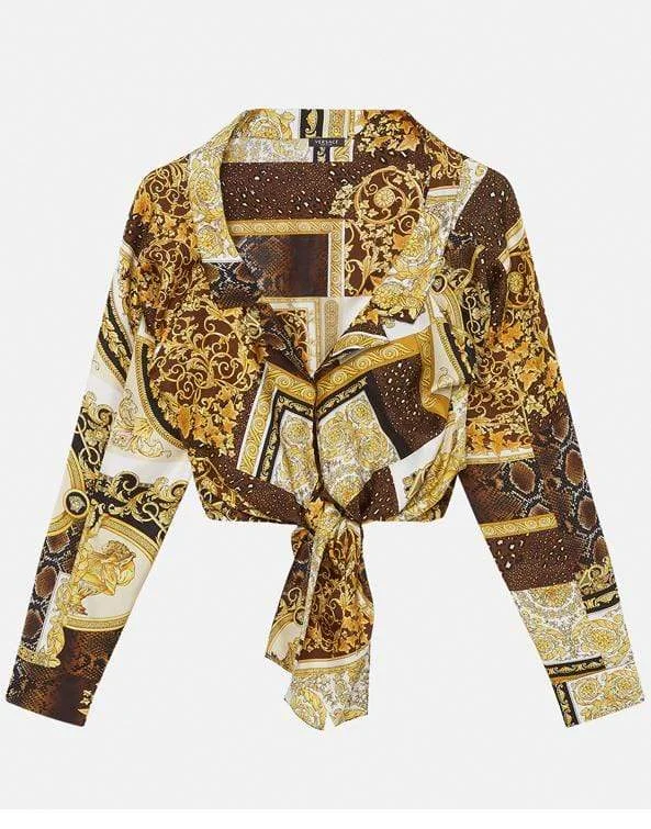 Printed Cropped Tie Front Shirt Spandex Blend Rayon Blend Denim Blend
