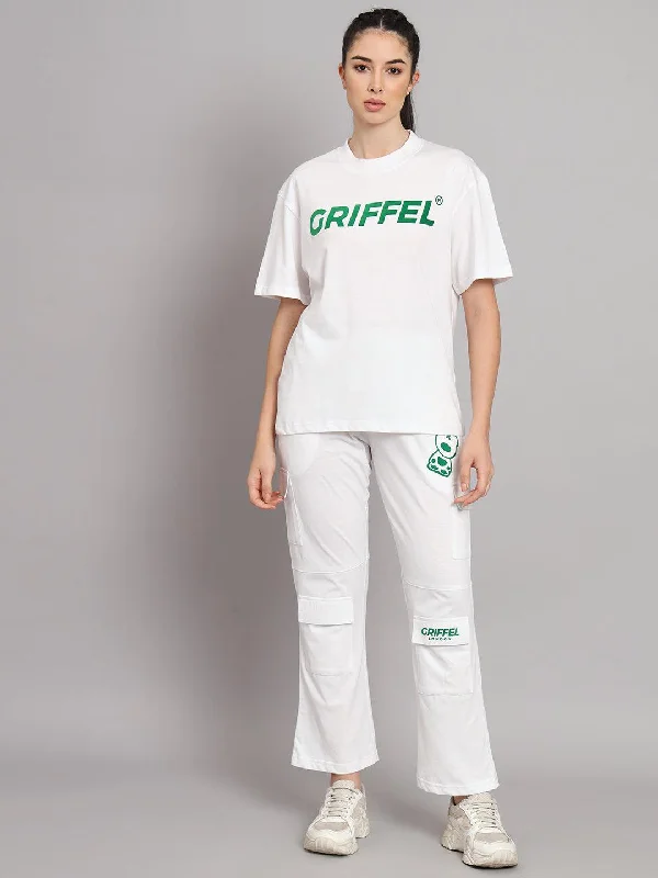 GRIFFEL Women Printed Loose fit White T-shirt and Bell Bottom Trackpant  Set Terry Blend Velvet Blend Canvas Blend