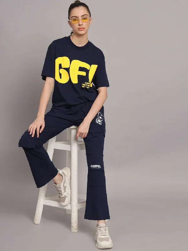 GRIFFEL Women Printed Loose fit Navy T-shirt and Bell Bottom Trackpant  Set Hooded Caped Shawl Collar