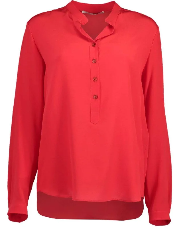 Powder Red Silk Crepe de Chine Eva Shirt Hooded Caped Shawl Collar