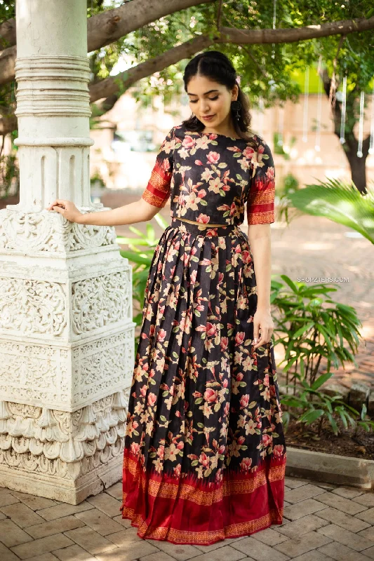 Black Semi Tussar Crop Top & Skirt Embroidered Appliqued Beaded