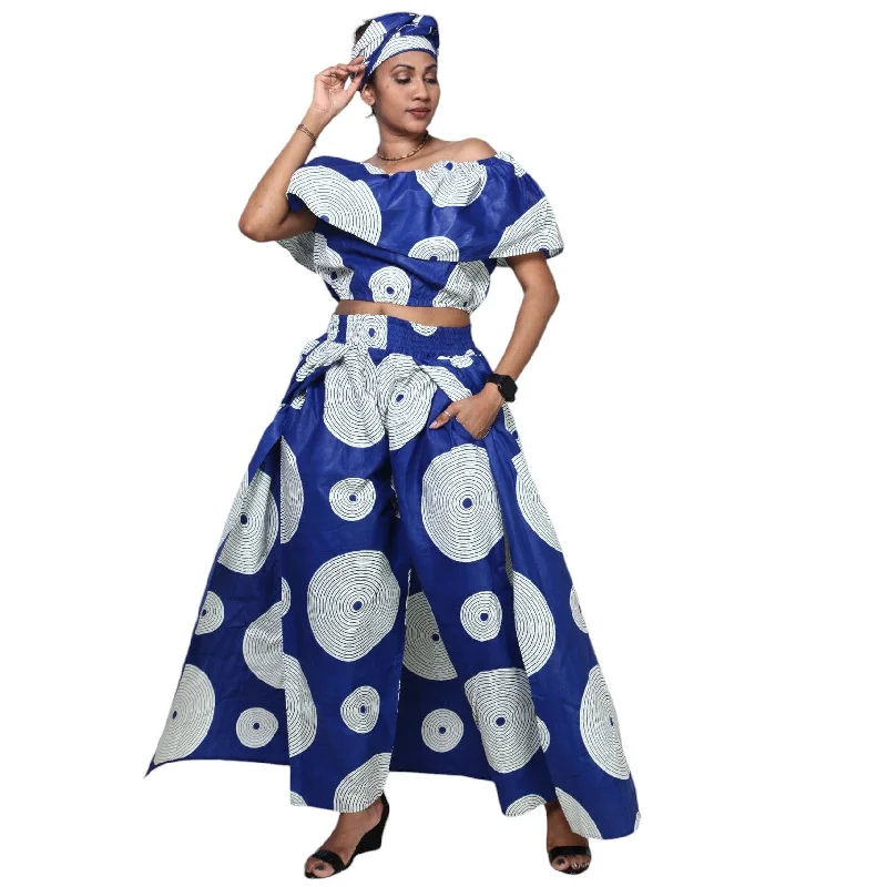 Women's Off Shoulder Crop Top with Pants Skirt -- FI-3012 Front Pockets Side Pockets Patch Pockets