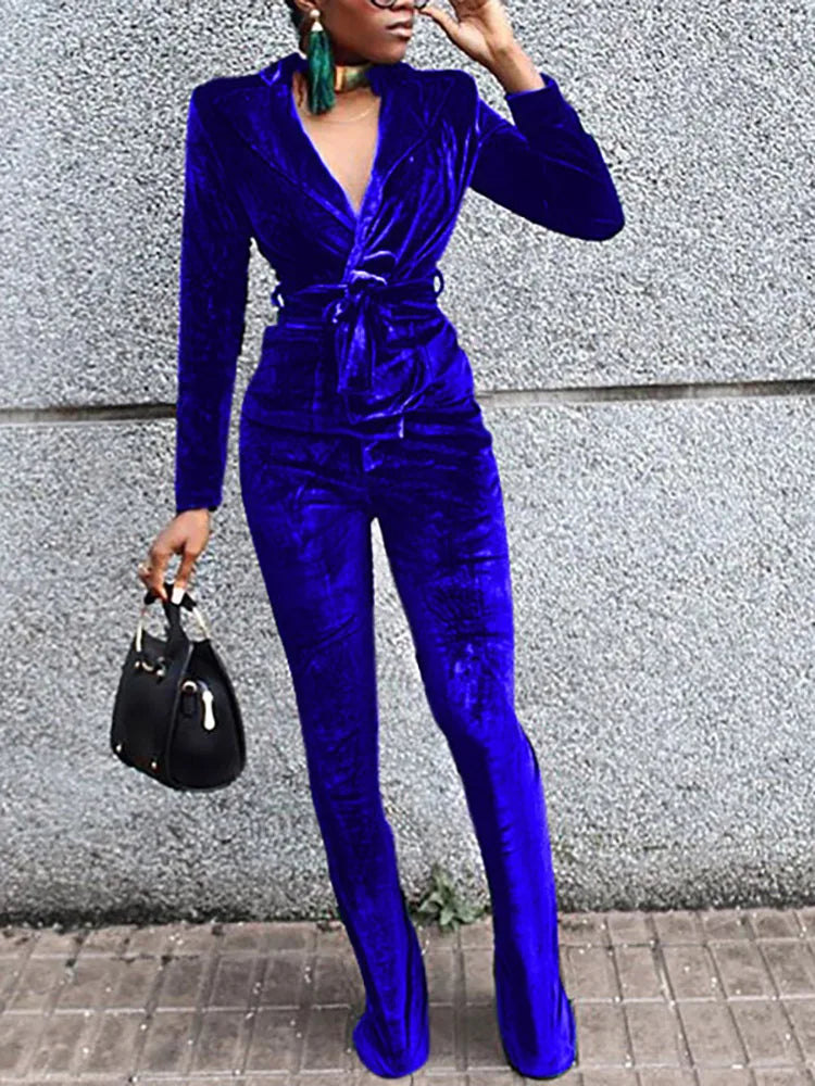 FZ Women's Sexy Flare Pleated Solid Two Pieces Slim Pant Suit Casual Wide Pants