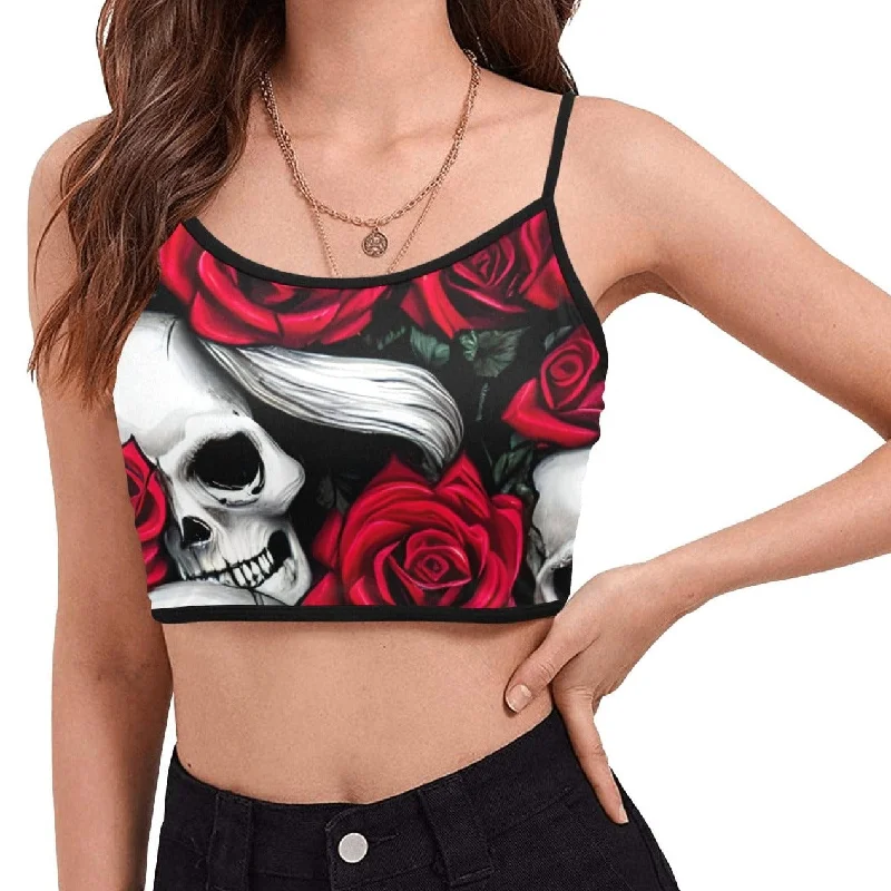 Women's Skull Red Roses Spaghetti Strap Crop Top Modern Contemporary Chic