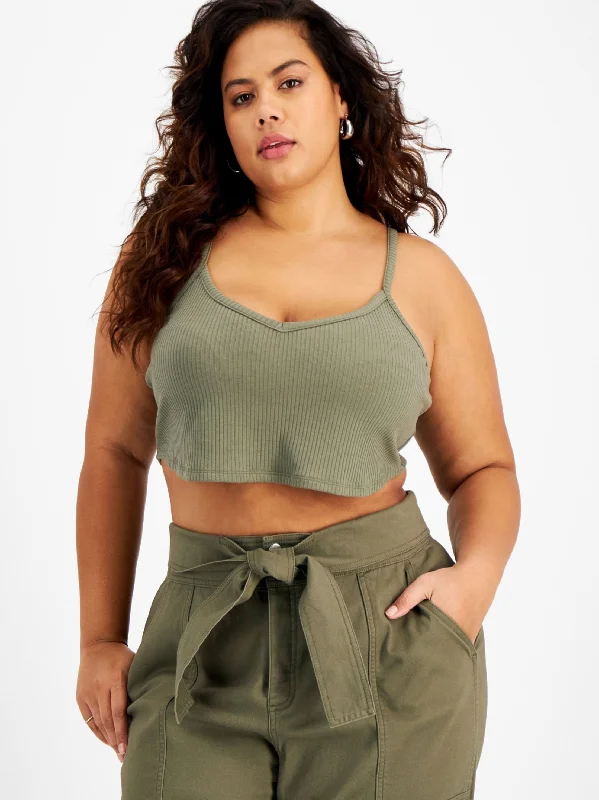 Women's Ribbeb Knit Crop Top,Light Green Seamless Knitted Crochet