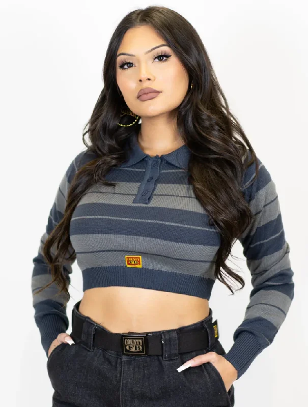 Charlie Brown Stripe Polo Crop Top Chenille Blend Fleece Blend Nylon Blend