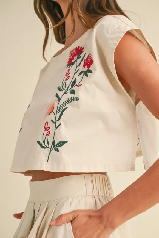 EMBROIDERED FLORAL CROP TOP - CREAM Layered Multi-layer Single Layer