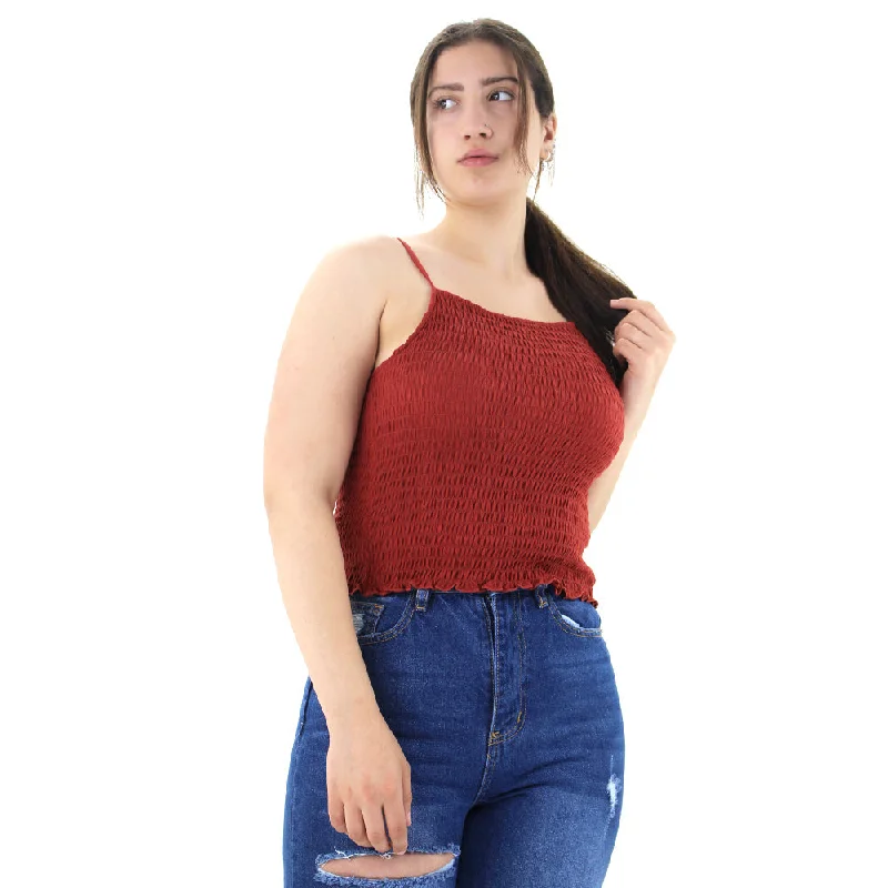 Women's Stertch Smocked Crop Top,Brick Cozy Warm Stylish