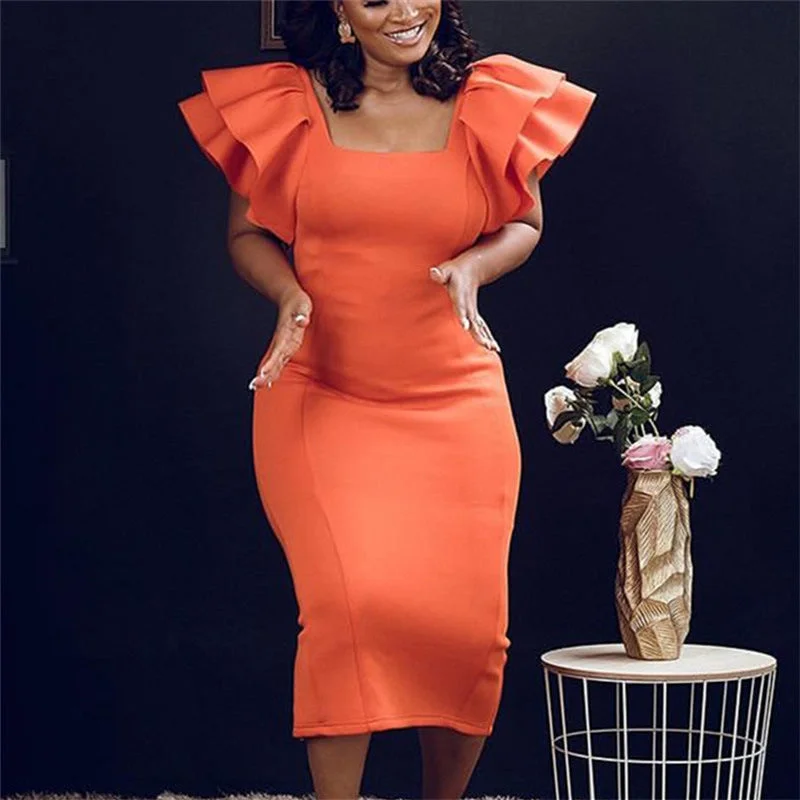 Elegant Orange Evening Party Dresses Peplum Ruffle Cocktail