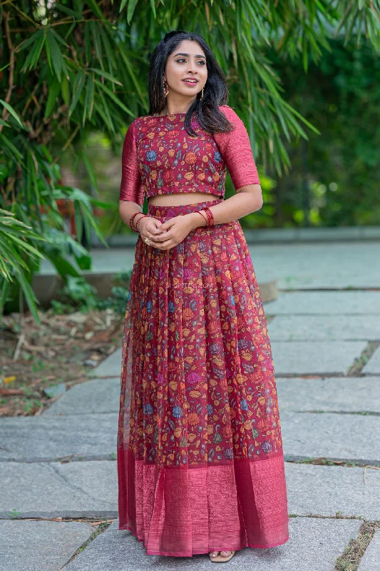 Maroon Kalamkari Organza Crop Top & Skirt Print Jacquard Patchwork