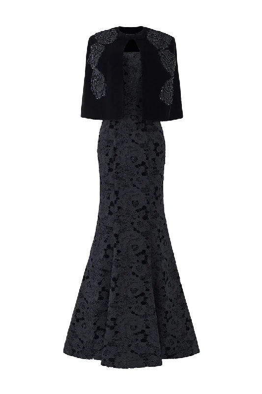 BLACK PRINCESS LINE STRAPLESS BLACK DRESS WITH CAPE Tunics Long Elegant