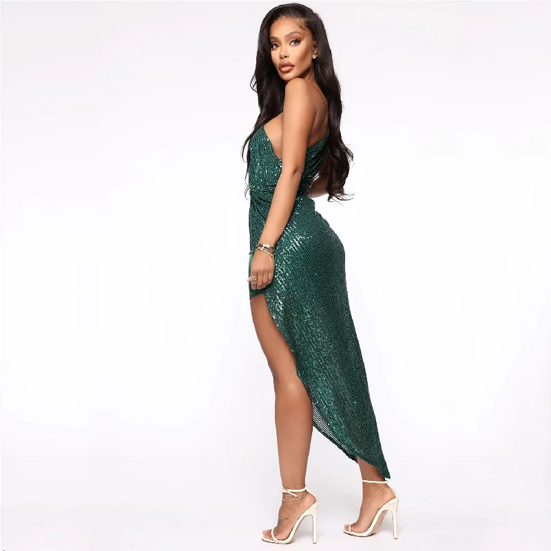 Sexy One Shoulder Sequined Irregular Party Dresses Tunics Vintage classic