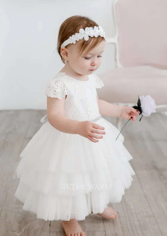 Teter Warm Lace Flutter Sleeve Sheer Back Christening Dress - B102 Tunics Exclusive limited